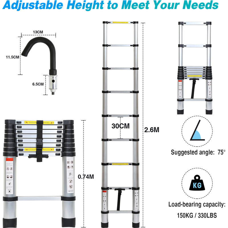 Randaco Scala Telescopica In Alluminio Con Gancio Multifunzione Silver  Stepladder 2.6m