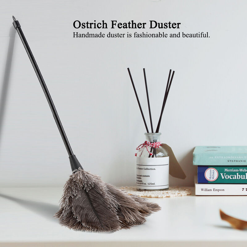 Genuine Ostrich Feather Duster Fluffy Natural with Wooden Handle and  Eco-Friendly Reusable Handheld Cleaning Supplies, Gray and Brown(Length 16)