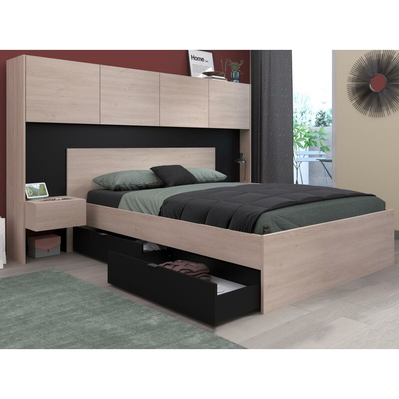 Testata letto con comodini e vani portaoggetti 160 cm Bianco e Rovere MISTA