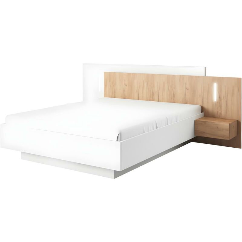 Letto con comodini 160 x 200 cm 2 cassetti Con LED Bianco e Naturale + Rete  + Materasso - FRANCOLI