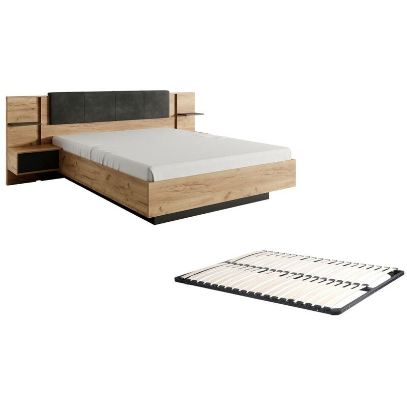 Letto con LED + Rete + Comodini 160 x 200 cm Naturale e Antracite