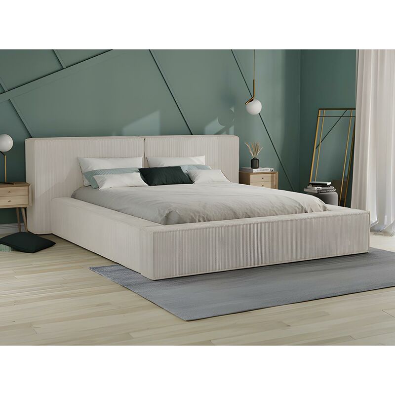 Letto contenitore 140 x 190 cm in Velluto a coste Beige + Materasso TIMANO