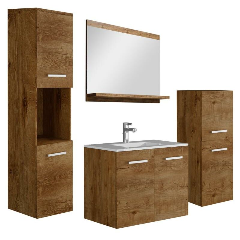Mobile per bagno sospeso con lavabo singolo, colonne e specchio 60 cm  Naturale scuro - MIELA II