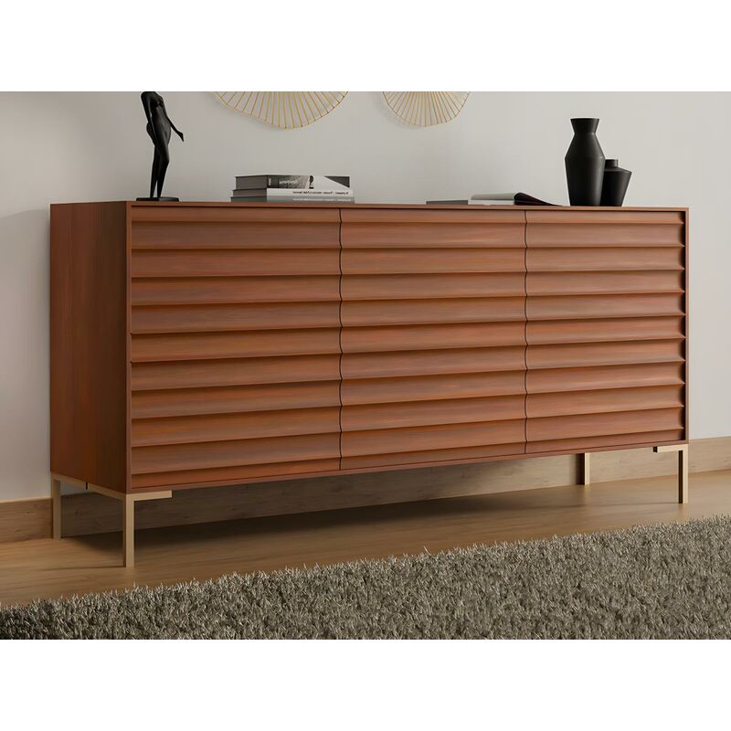 Twill - Credenza bassa 3 ante e 3 cassetti in legno massello di mango,  colore naturale stile nordico vintage