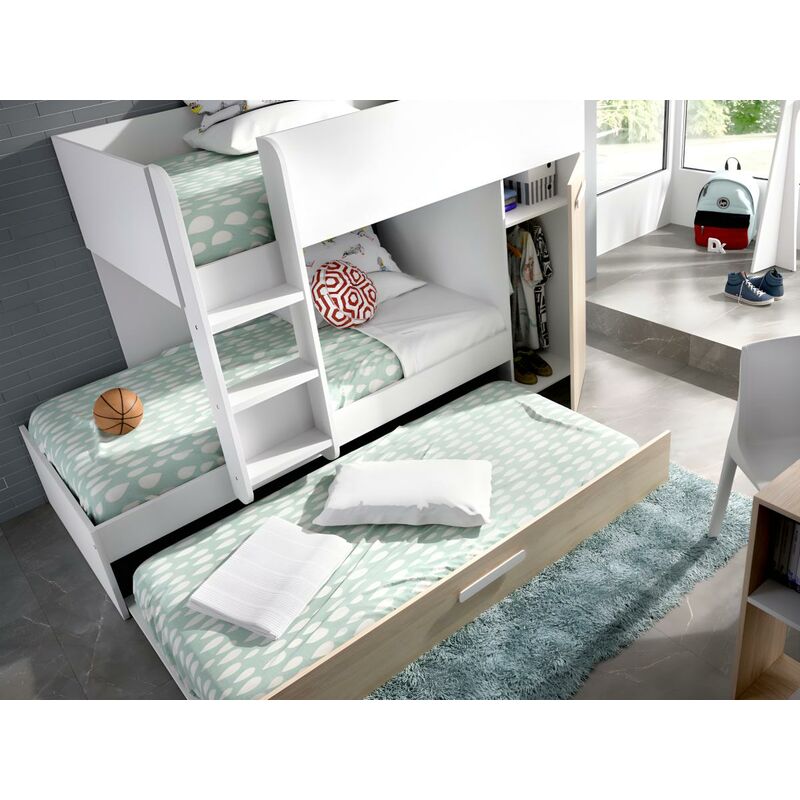 Letto a castello con contenitori + materasso 2 x 90 x 190 cm Bianco e  Rovere - ANTHONY