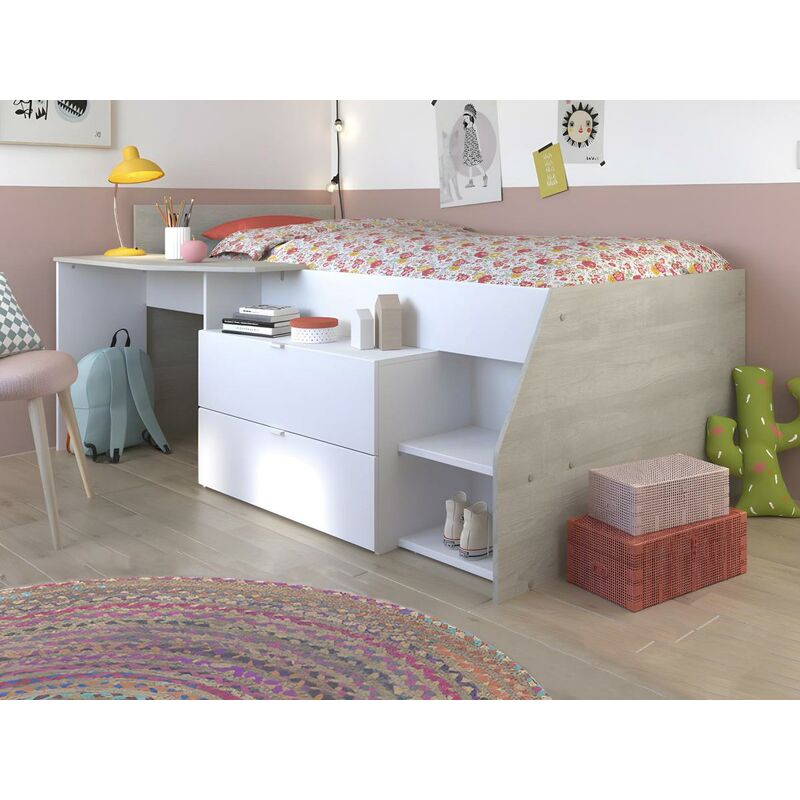 Letto singolo con scrivania integrata e vani portaoggetti inclusi 90 x 200  cm Bianco e naturale - GISELE