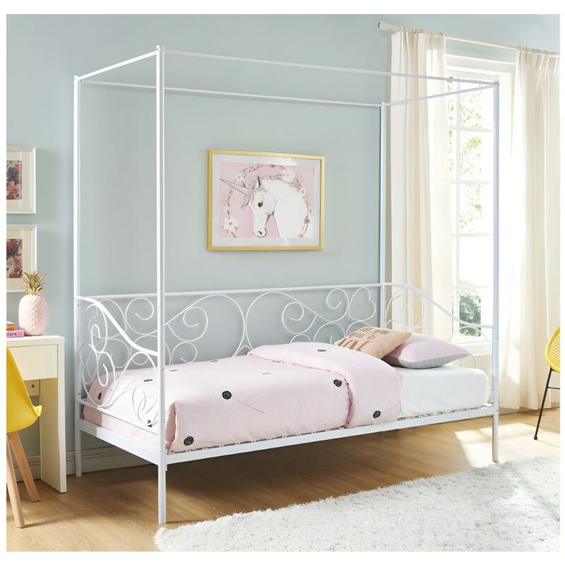 Letto a baldacchino 90 x 200 cm Metallo Bianco + materasso - VIVIAN
