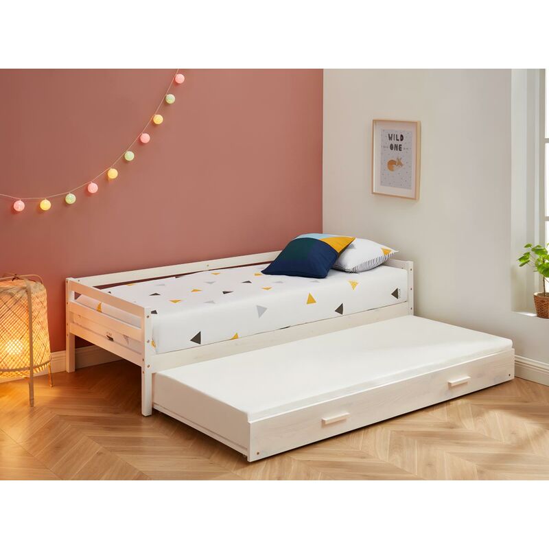 Letto singolo con letto estraibile e 3 cassetti 90 x 190 cm in MDF e Abete  Bianco - TITOUAN