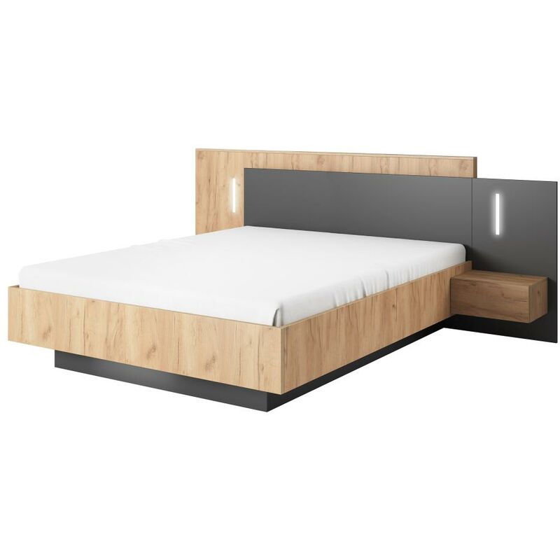 Letto con comodini 160 x 200 cm Con LED Naturale e Antracite - LAONILE