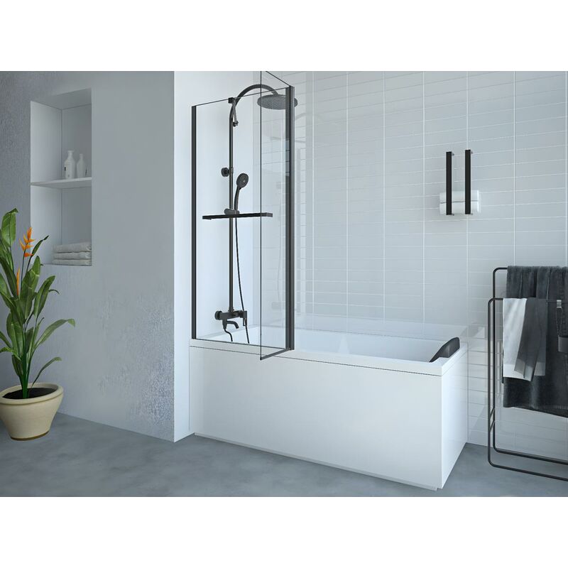 Parete per vasca da bagno con apertura girevole Nero opaco (70 + 30) x 140  cm - PRIMAEL