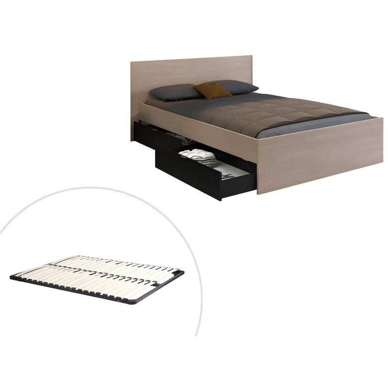 Letto con 2 cassetti 140 x 190 cm Naturale e Nero + Rete + - VELONA