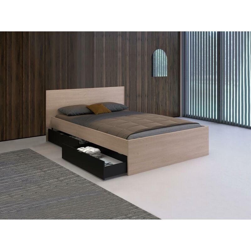 Letto con 2 cassetti 140 x 190 cm Naturale e Nero + Rete + - VELONA