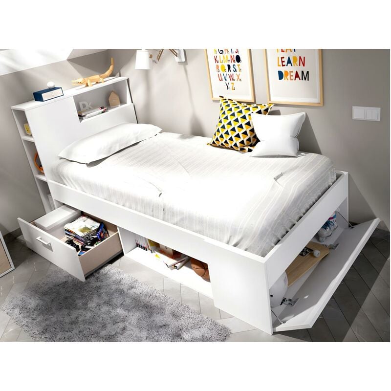 Letto con testata, vani portaoggetti e cassetto 90 x 190 cm Bianco + Rete -  LEANDRE