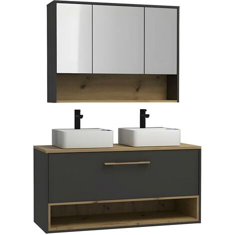 Mobile per bagno sospeso con lavabo doppio da appoggio e armadietto bagno - 120  cm - Antracite - YANGRA