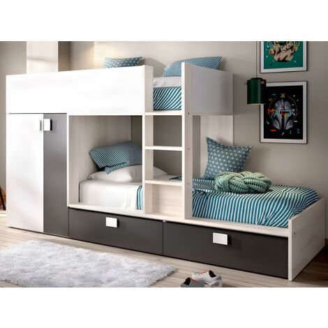 Letto a castello Armadio integrato 2 x 90 x 190 cm Bianco, Naturale e  Antracite +