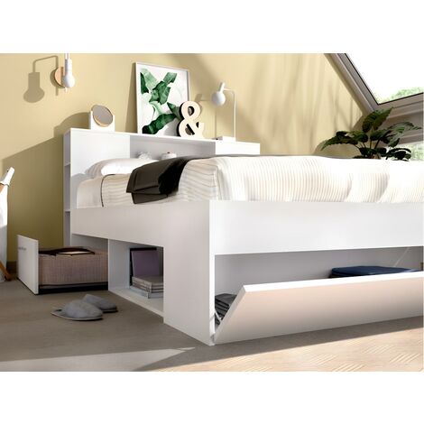 Letto con testata con vani portaoggetti e cassetti 140 x 190 cm: Bianco +  Rete LEANDRE