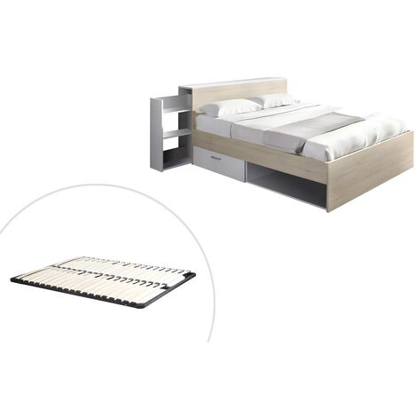 Letto con testata vani portaoggetti e cassetti 140 x 190 cm Naturale e  Bianco + Rete - FLORIAN