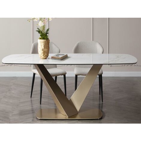 Tavolo da pranzo da 6 coperti in ceramica e Metallo Effetto marmo Bianco e  Oro - PORELIMA