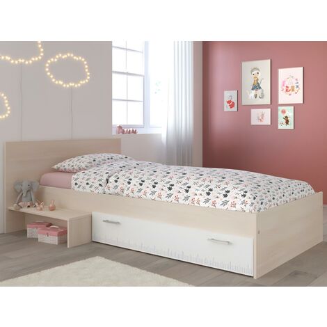 Letto bambino 1 cassetto + rete + materasso 90 x 190 cm - colore: Naturale  e Bianco - IPLIA