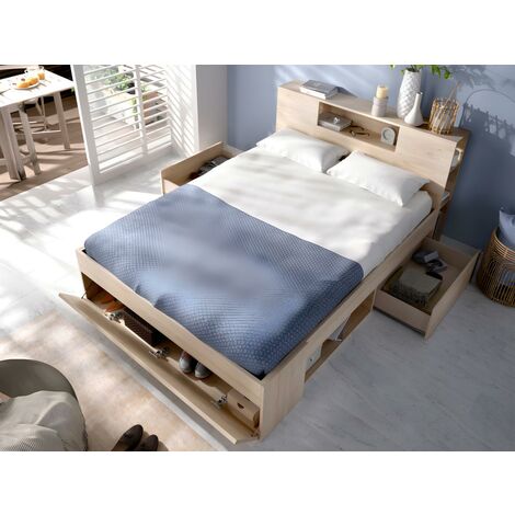 Letto con testata con vani portaoggetti e cassetti 160 x 200 cm: Naturale + Rete  LEANDRE