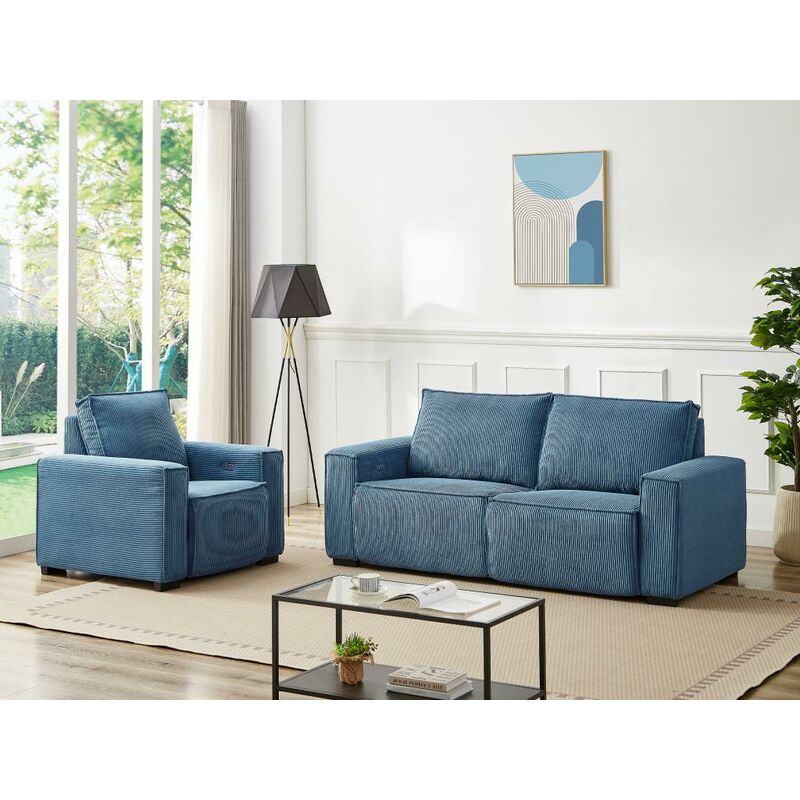 Sofa 3-Sitzer & Sessel - Cord - Blau - AMELIO