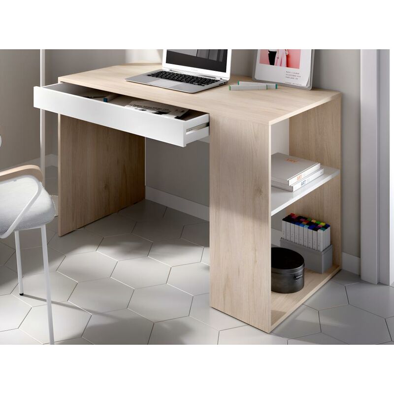- - Schreibtisch Eichenholzfarben/Weiß INES Stauraum mit