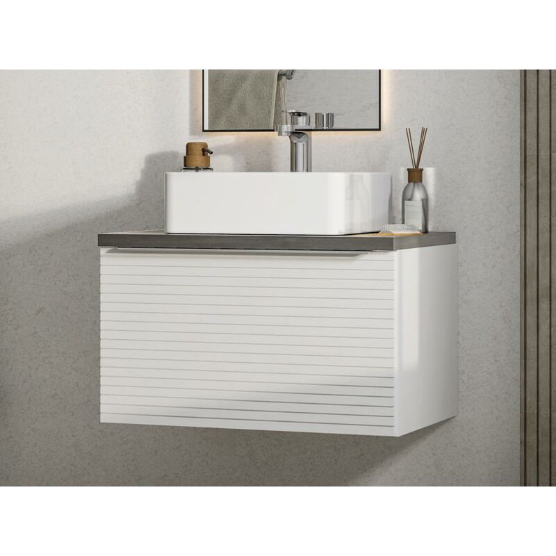 Waschbeckenunterschrank hängend mit Einzelwaschbecken - B. 60 cm - Weiß  gestreift - LATOMA