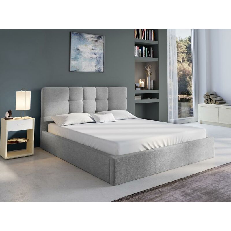 Cama 140 x 190 cm con cabecero acolchado - Tela - Gris + colchón - FUNITI -  Vente-unique