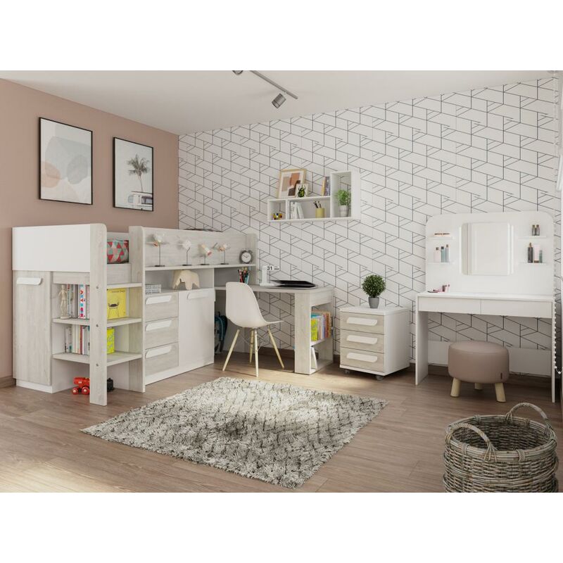 Cama 90 x 200 cm escritorio y compartimentos rosa, natural y blanco +  colchón - LOUKALA