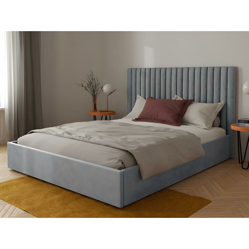 Cama 140 x 190 cm con cabecero acolchado - Tela - Gris + colchón - FUNITI -  Vente-unique