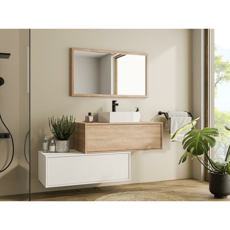 Mueble de baño suspendido blanco y natural claro con simple lavabo y dos  cajones - TEANA - Vente-unique