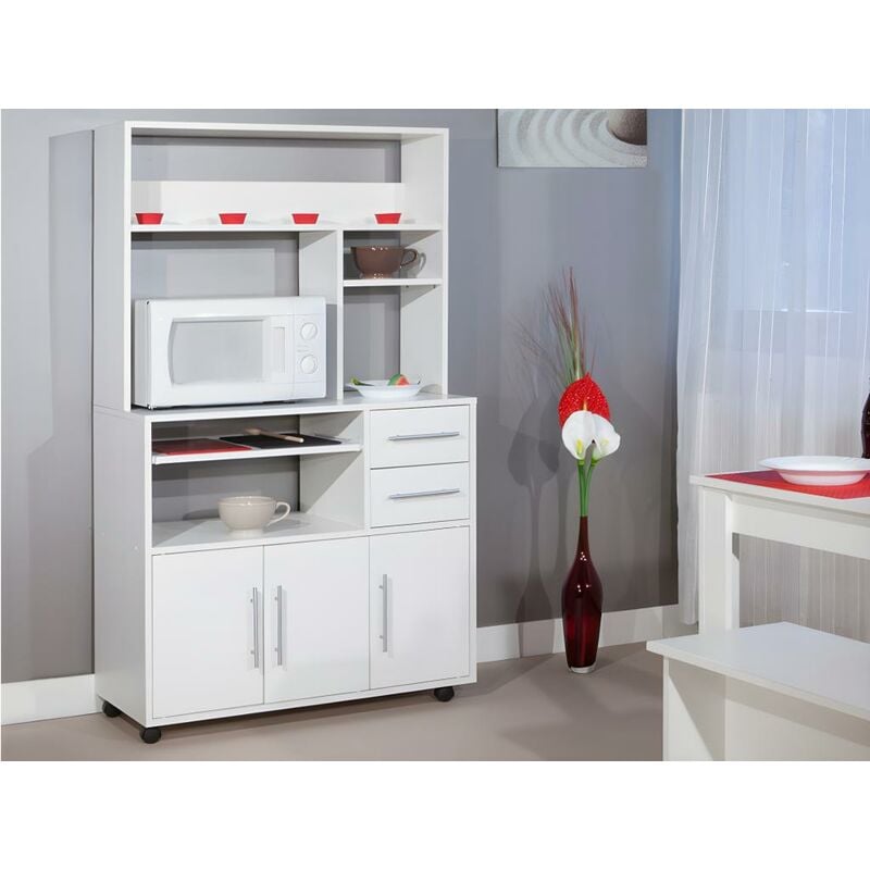 Aparador de cocina con ruedas ASTRID - 3 puertas, 2 cajones - Blanco - Venta-unica