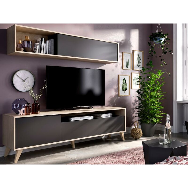 Mueble TV ALBORA - Con compartimentos - Color: antracita y roble - Venta-unica