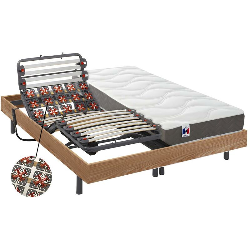 Cama eléctrica de láminas y multiterminales colchón 100% látex 5 zonas MENELAS de DREAMEA - roble - 2x90x200 cm - Motores OKIN - Venta-unica
