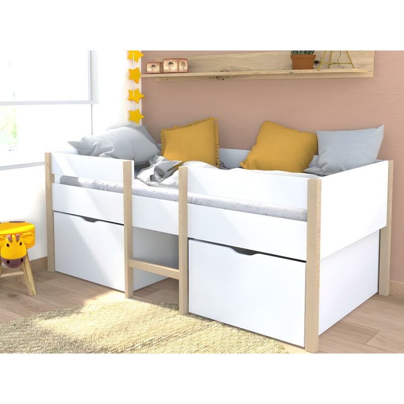 Cama alta con escritorio y compartimentos 90 x 200 cm roble y blanco con  colchón NOAH