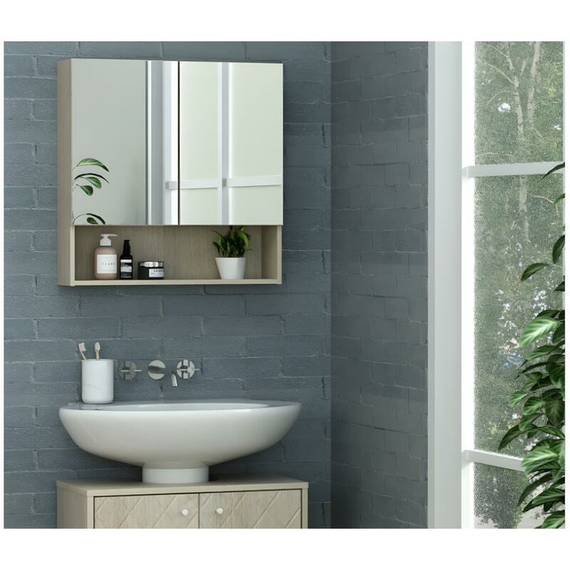 Armario con espejo para baño de pared con estantes ajustables en altura y  tres puertas color blanco y dorado Vasagle