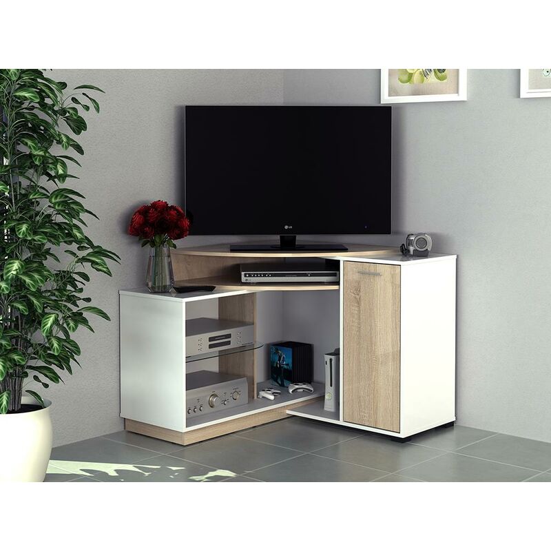 Mueble TV rinconero con compartimentos - Color: blanco y roble - AMAEL - Venta-unica