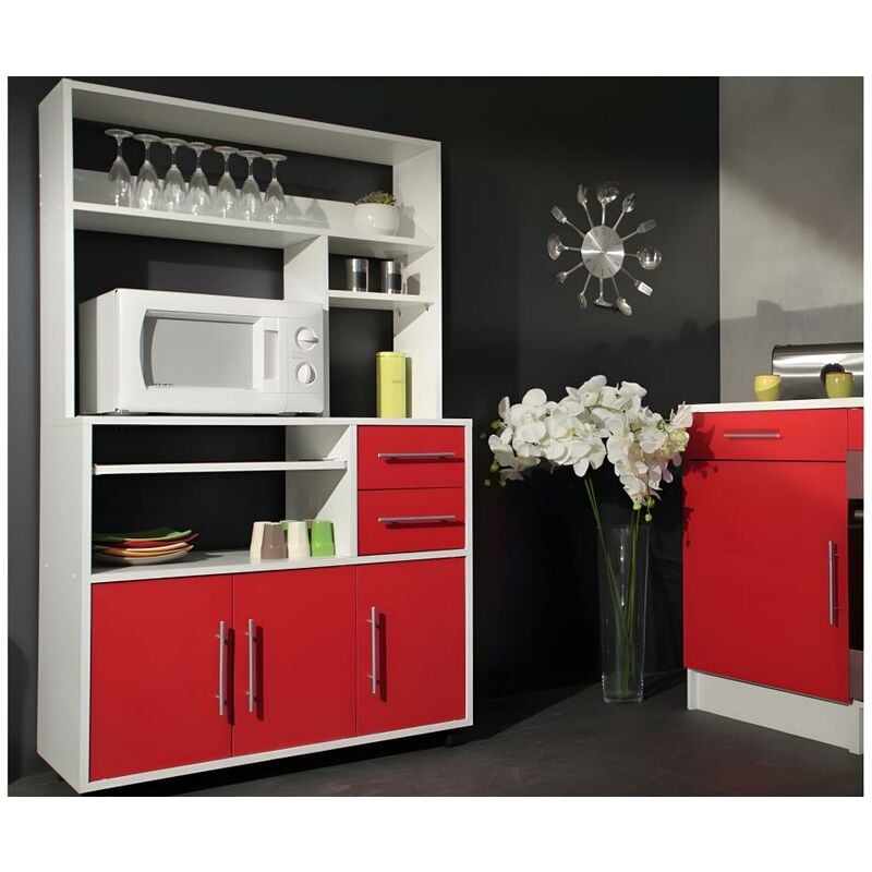 Aparador de cocina con ruedas ASTRID - 3 puertas, 2 cajones - Rojo - Venta-unica