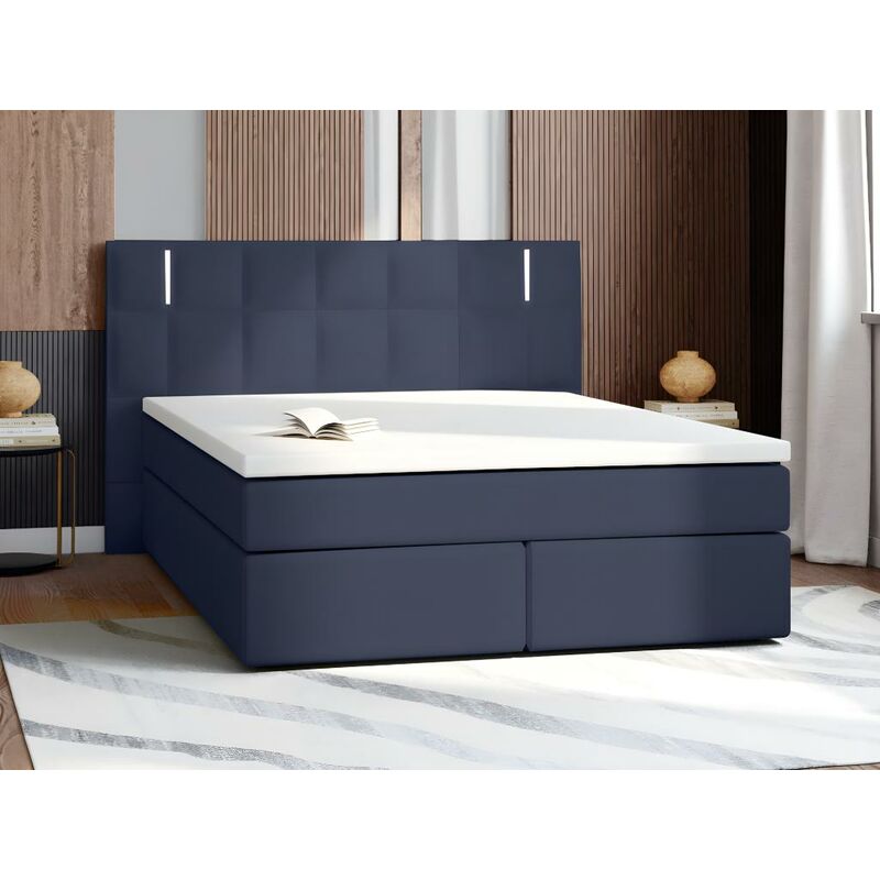 Conjunto boxspring completo cabecero con Leds + somieres patas Leds + colchón + cubrecolchón BILBAO - 160x200 cm - piel sintética - Azul - Venta-unica