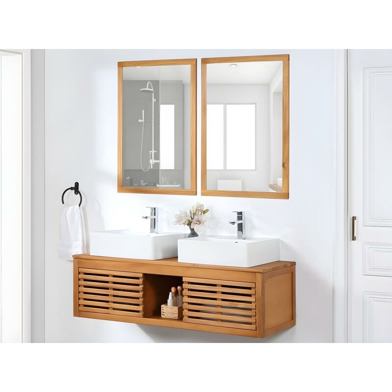 Mueble de baño suspendido de madera de acacia con doble lavabo y espejos -  130 cm - PENEBEL - Vente-unique