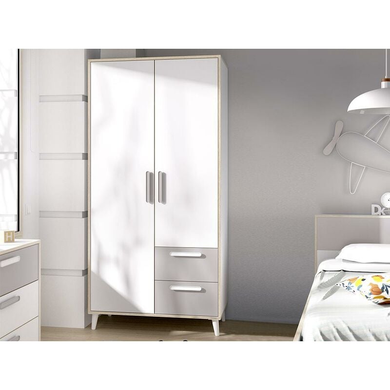 Armario LIBONA - 2 puertas y 2 cajones - Ancho 91 cm - Blanco y gris - Venta-unica