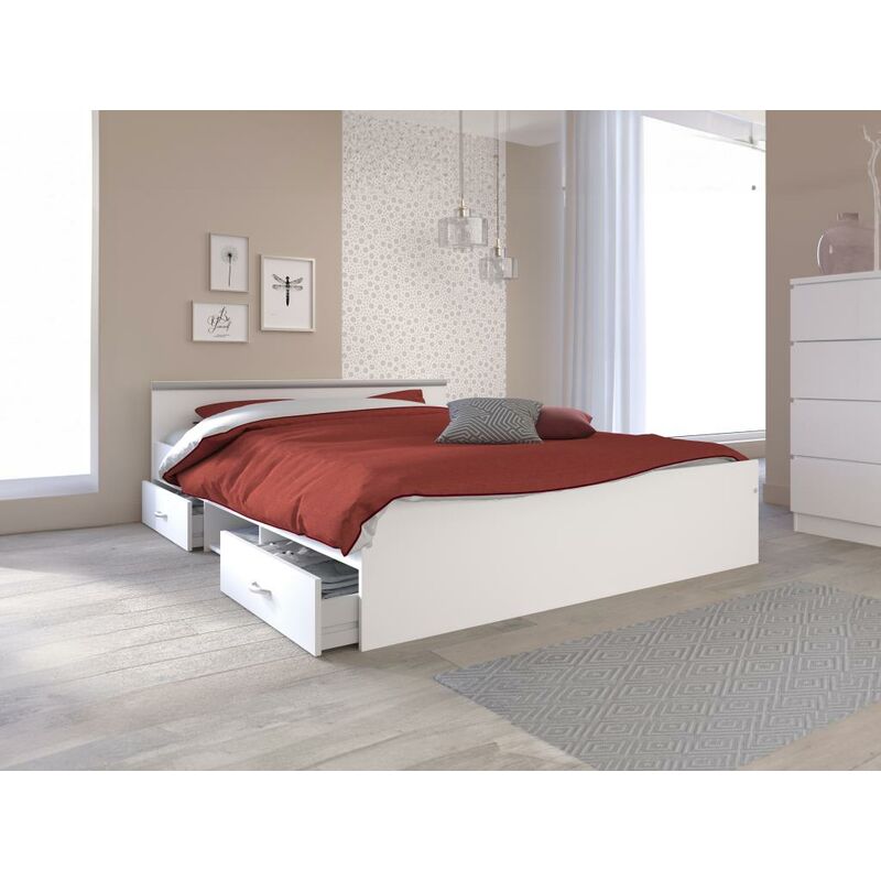 Cama LOUANE con 2 cajones y 1 arcón - 90 x 190 cm - Blanco - Vente-unique