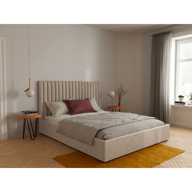 Cama 180 x 200 cm con cabecero capitoné de tela beige + colchón - FRANCESCO