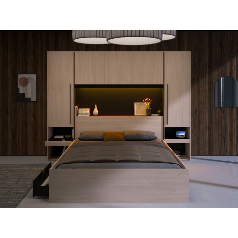 Puente de cama con compartimentos - Con LEDs - Ancho 265 cm - Color:  natural y negro - VELONA - Vente-unique