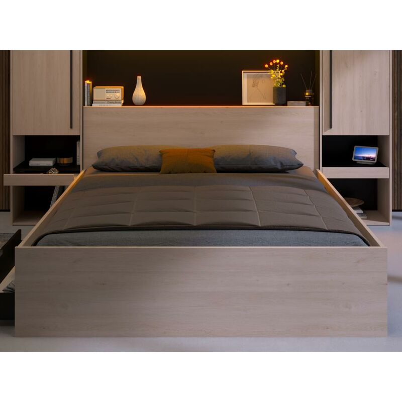 Puente de cama con compartimentos - Con LEDs - Ancho 265 cm - Color:  natural y negro - VELONA - Vente-unique