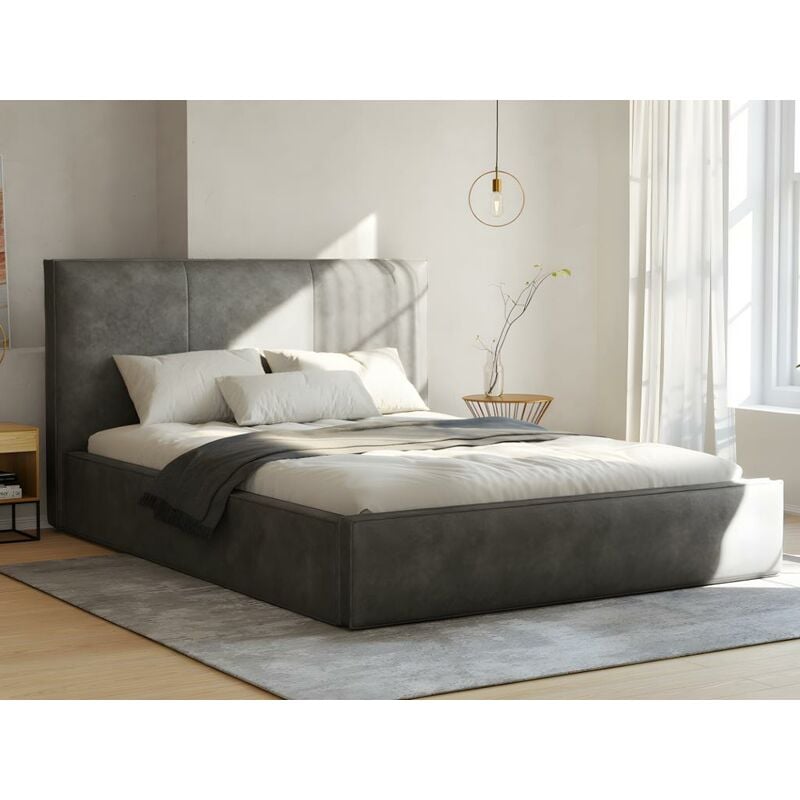 Cama arcón 140 x 190 cm - Tela con efecto piel - Gris antracita - KENZIALI - Venta-unica