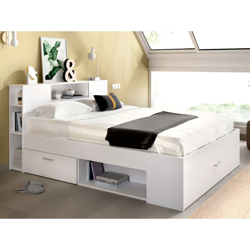 Cama con cabecero con compartimentos y cajones 140 x 190 cm - Color: blanco  + Somier +
