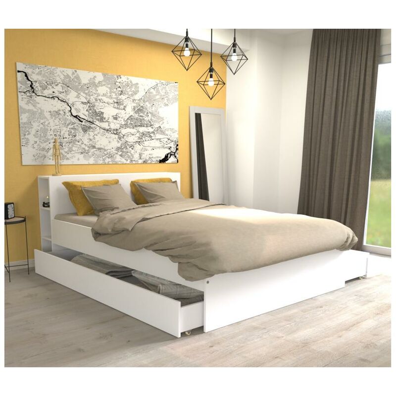 Cama Juvenil Con Mueble Cabecero Y 2 Cajones En Color Blanco Mate  90x190/200 Cm con Ofertas en Carrefour