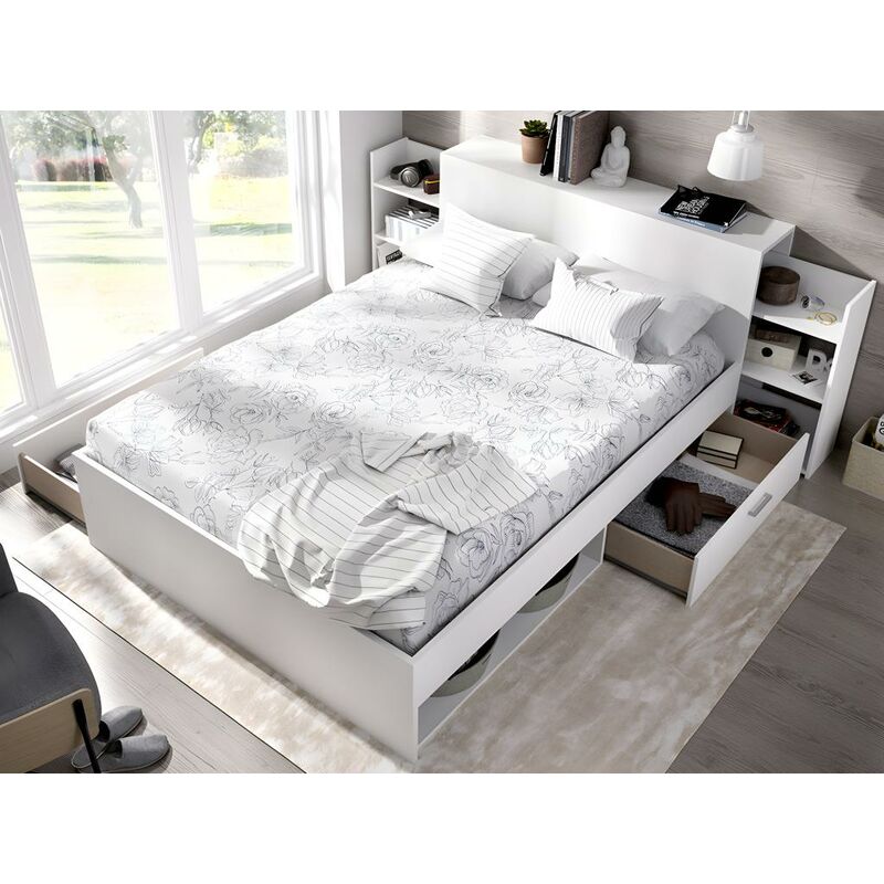 Cama con cabecero con compartimentos y cajones 140 x 190 cm - Color: blanco  + Somier - FLORIAN 