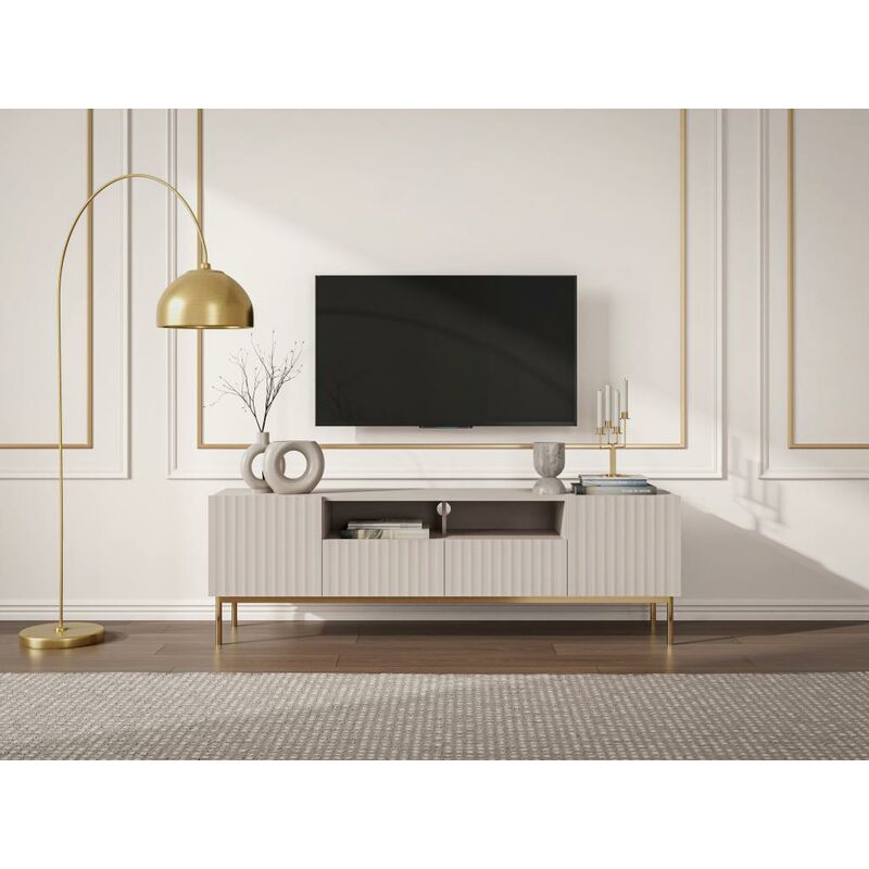 Mueble TV - 2 puertas, 2 cajones - MDF y metal - Color: negro y dorado -  LIKANA